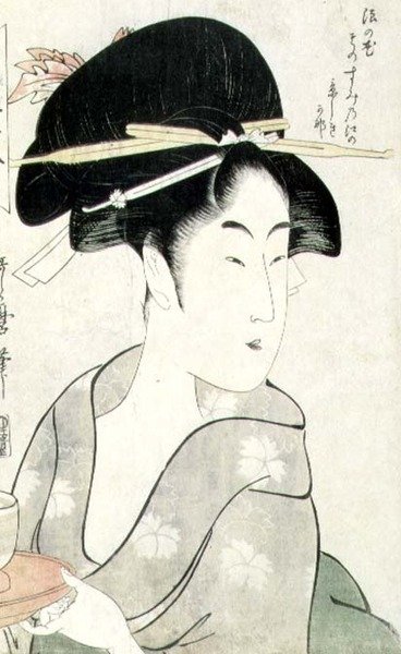 Retrato busto de una mujer sosteniendo una taza de té, de la serie `Meisho Koshikake Hakkei` de Kitagawa Utamaro
