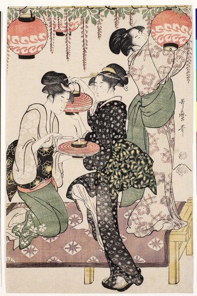 Chicas de la casa de té bajo un emparrado de glicinas, 1795 de Kitagawa Utamaro