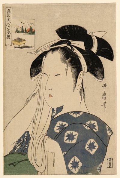 La Viuda de Asahiya, de la serie "Bellezas Renombradas Comparadas con los Seis Poetas Inmortales" ("Komei bijin rokkasen") de Kitagawa Utamaro