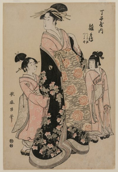 La Cortesana Hinazuru de Chojiya con sus Asistentes Tsuruji y Tsuruno de Kitagawa Utamaro