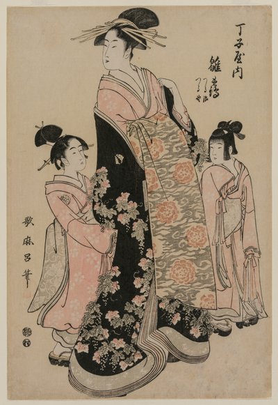 La cortesana Hinazuru de Chojiya con sus asistentes Tsuruji y Tsuruno, c. 1794 de Kitagawa Utamaro