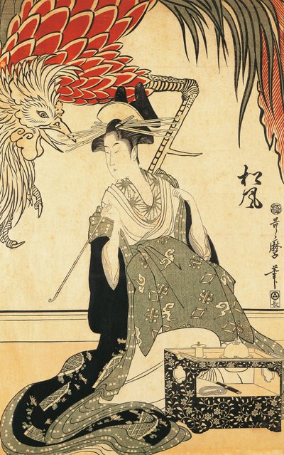 La Oiran Matsuzake con una pipa, xilografía de Kitagawa Utamaro