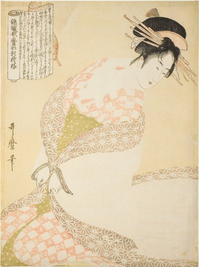 El abrigo blanco, de la serie "Nuevos patrones de brocado tejidos en estilo Utamaro (Nishiki-ori Utamaro-gata-moyo)" de Kitagawa Utamaro