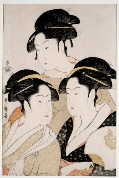 Tres bellezas de nuestro tiempo. Impresión japonesa de Utamaro Kitagawa (1753 - 1806) estilo Ukiyo-E, circa 1794. París, Museo Guimet de Kitagawa Utamaro