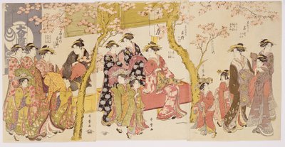 Tres grupos de cortesanas con sus Shinzo y Kamuro de Kitagawa Utamaro