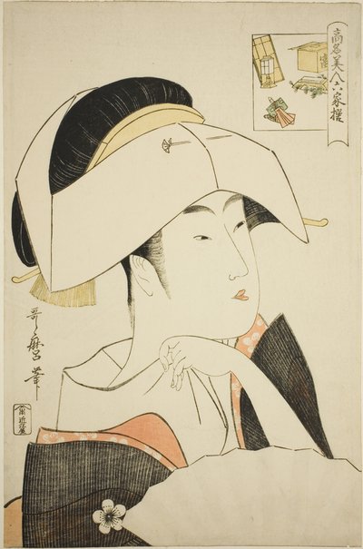 Tomimoto Toyohina, de la serie Bellezas renombradas comparadas con los seis poetas inmortales (Komei bijin rokkasen) (Tomimoto Toyohina) (acertijo pictórico) de Kitagawa Utamaro