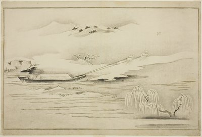 Remolcando una barcaza en la nieve, del álbum El Mundo de Plata de Kitagawa Utamaro