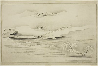 Remolcando una barcaza en la nieve, del álbum El Mundo de Plata, 1790 de Kitagawa Utamaro