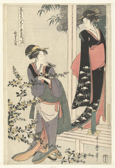 Dos mujeres junto a un arbusto yamabuki en flor: el segundo acto. Nidanme (título sobre objeto) Parodia de la Chushingura por famosas bellezas. (título de la serie) Komei bijin mitate Chushingura (título de la serie sobre el objeto) de Kitagawa Utamaro