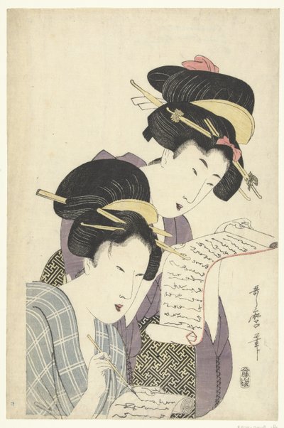 Dos mujeres con letras de Kitagawa Utamaro