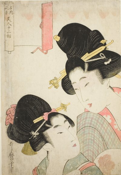 Dos Chicas, de la serie "Doce Fisonomías de Mujeres Hermosas Representando Vistas de Lugares Famosos" de Kitagawa Utamaro