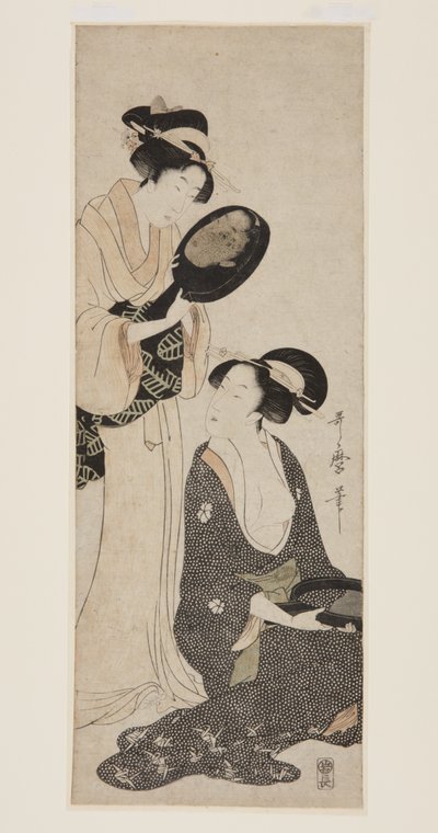 Dos damas, cada una con una parte de un espejo lacado de Kitagawa Utamaro
