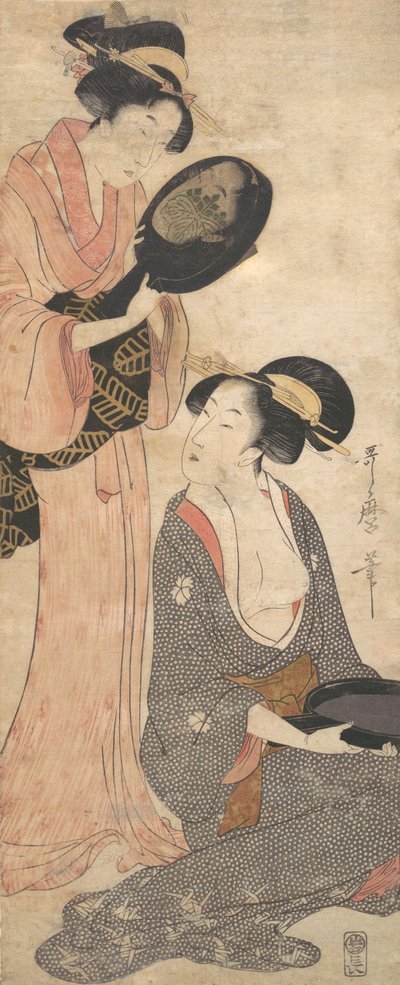 Dos damas, cada una con una parte de un espejo lacado, 1790s de Kitagawa Utamaro