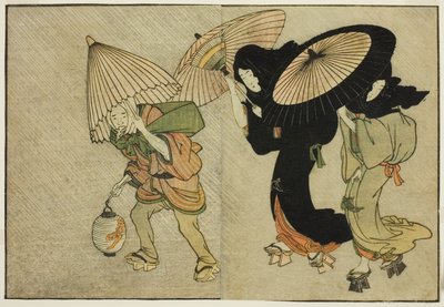 Dos mujeres y un asistente atrapados en una tormenta, del libro ilustrado "Libro de imágenes: Flores de las cuatro estaciones (Ehon shiki no hana)," vol. 2 de Kitagawa Utamaro