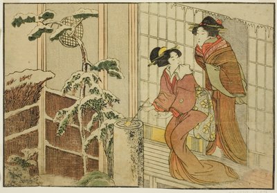 Dos mujeres en la veranda en una mañana nevada, del libro ilustrado "Libro de imágenes: Flores de las cuatro estaciones," vol. 2 de Kitagawa Utamaro