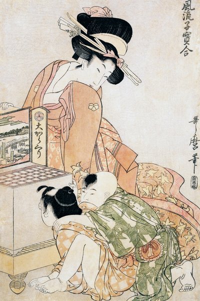 Dos niños mirando dentro de una gran caja óptica de Kitagawa Utamaro