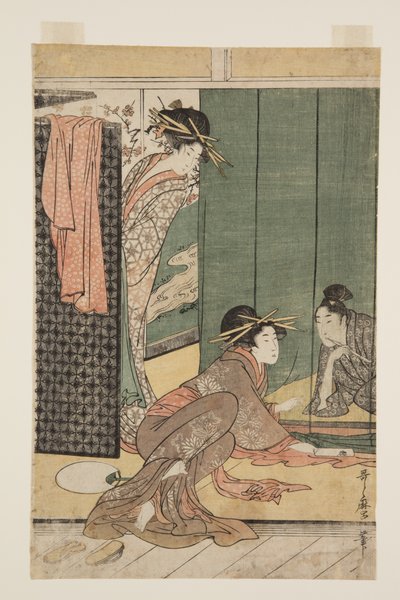 Dos cortesanas y un joven bajo una mosquitera de Kitagawa Utamaro