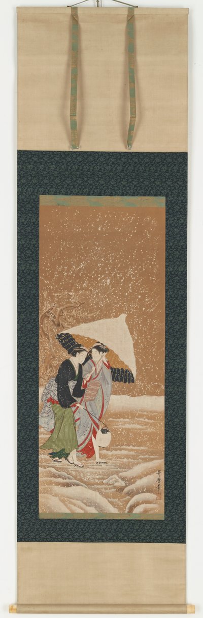Dos niñas bajo un paraguas en tormenta de nieve, 1753-1806 de Kitagawa Utamaro