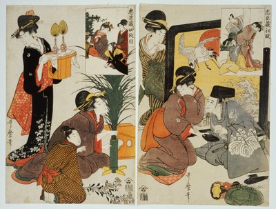Dos escenas de la serie "Liga Leal" que representan la vida cotidiana de un hogar del período Edo de Kitagawa Utamaro