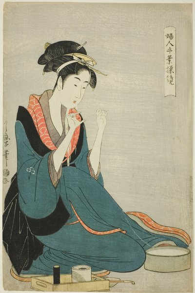 Atando Hilo, de la serie "Artesanías de Mujeres: Modelos de Destreza" ("Fujin tewaza ayatsuri kagami") de Kitagawa Utamaro
