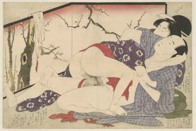 Pareja haciendo el amor junto al separador de ambientes Negai no itoguchi (título de la serie) de Kitagawa Utamaro