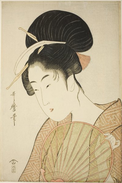 Mujer sosteniendo un abanico redondo de Kitagawa Utamaro