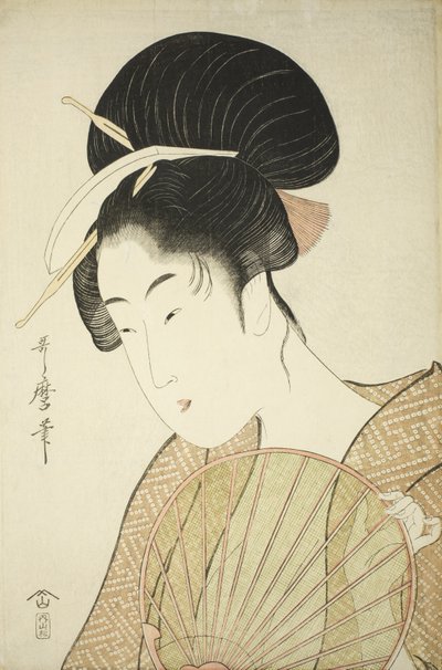 Mujer sosteniendo un abanico redondo, c.1797 de Kitagawa Utamaro