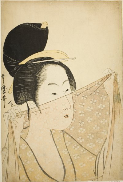 Mujer sosteniendo un trozo de tela (Nuno o kazasu onna) de Kitagawa Utamaro