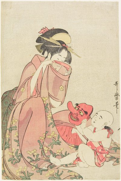 Mujer jugando con un niño que lleva una máscara de tengu de Kitagawa Utamaro