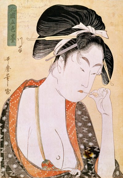 Mujer deseando los labios de Kitagawa Utamaro