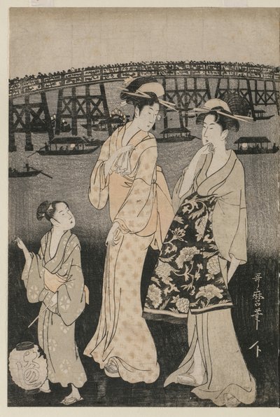 Mujeres Disfrutando del Frescor de la Tarde Cerca del Puente Ryogoku de Kitagawa Utamaro