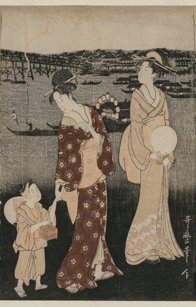 Mujeres Disfrutando del Frescor de la Tarde Cerca del Puente Ryogoku de Kitagawa Utamaro