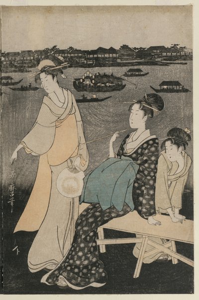 Mujeres Disfrutando del Frescor de la Tarde Cerca del Puente Ryogoku de Kitagawa Utamaro