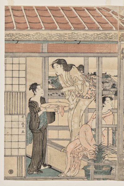 Mujeres colgando ropa para secar en un balcón de Kitagawa Utamaro