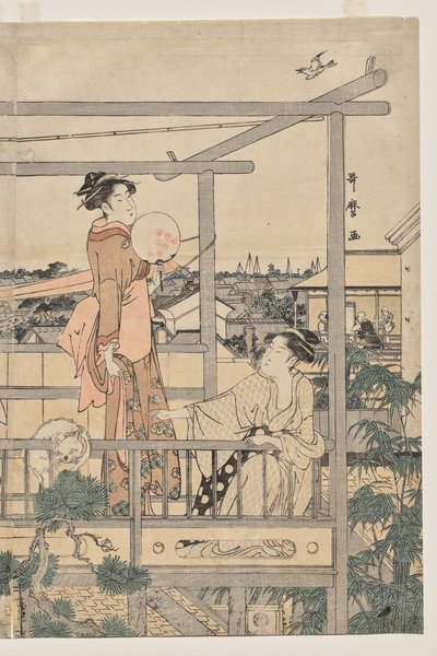 Mujeres colgando ropa para secar en un balcón de Kitagawa Utamaro