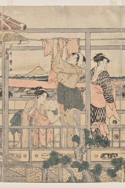 Mujeres colgando ropa para secar en un balcón de Kitagawa Utamaro