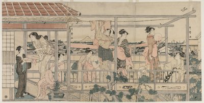 Mujeres colgando ropa para secar en un balcón, principios de la década de 1790 de Kitagawa Utamaro
