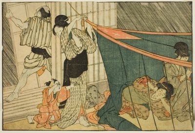 Mujeres dentro de una mosquitera durante una tormenta, del libro ilustrado "Libro de imágenes: Flores de las cuatro estaciones (Ehon shiki no hana)," vol. 1 de Kitagawa Utamaro