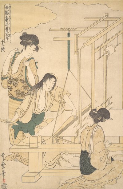 Mujeres tejiendo tela de seda de Kitagawa Utamaro