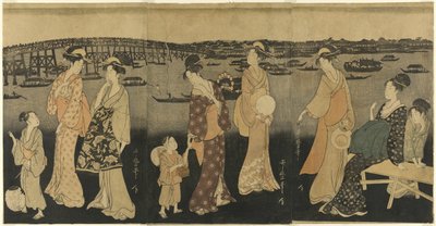 Mujeres viendo fuegos artificiales en el río Sumida de Kitagawa Utamaro