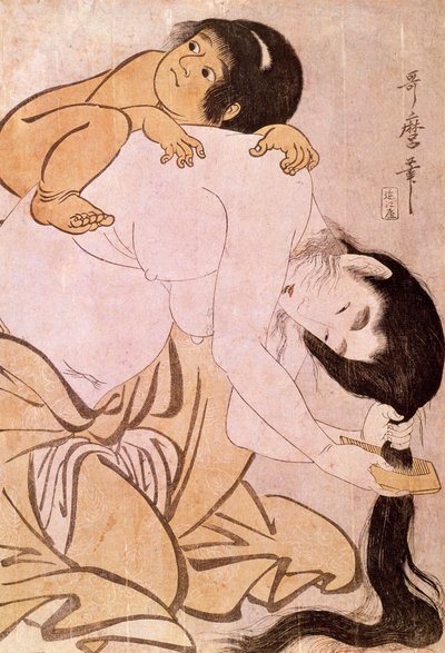 Yamauba y Kintoki La madre se peina mientras lleva a su hijo en la espalda de Kitagawa Utamaro