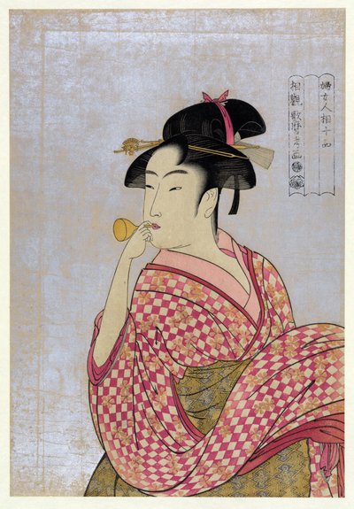 Joven mujer soplando una pipa de vidrio, de la serie Diez tipos en el estudio fisonómico de mujeres de Kitagawa Utamaro