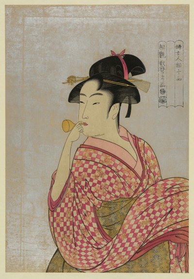 Joven mujer soplando una pipa de vidrio, de la serie Diez tipos en el estudio fisiognómico de Wo de Kitagawa Utamaro