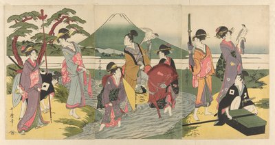 Joven y su grupo cruzando un arroyo antes del monte Fuji de Kitagawa Utamaro