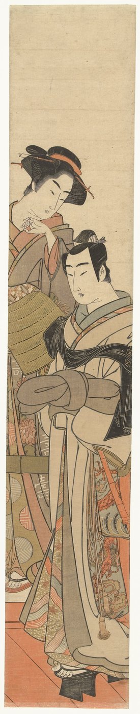 Una mujer con un joven disfrazado Jonge man conoció a rieten hoed en dame de Kitao Masanobu (attributed to)
