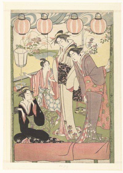 Tres mujeres y un niño bajo faroles. de Kitao Masanobu (attributed to)