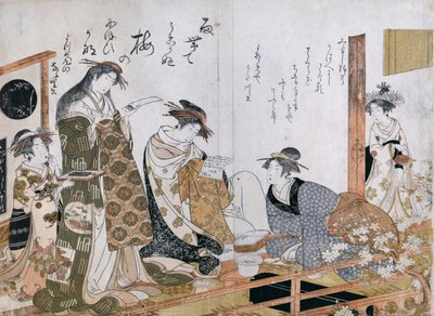 Cortesanas con kimono, ilustración de las cortesanas Utagawa y Nanasato de la Casa Yotsuba de Kitao Masanobu