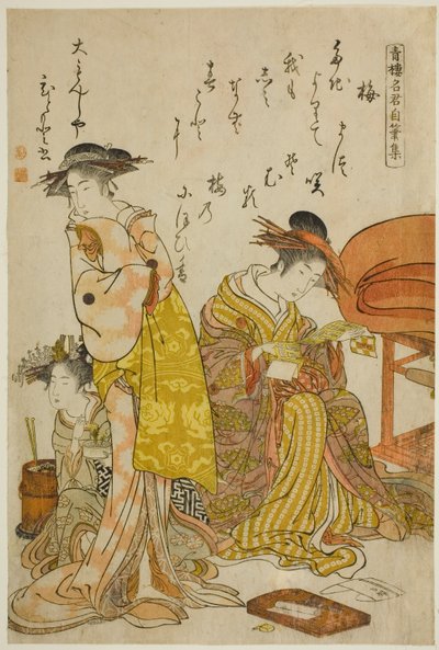 La cortesana Hitomoto del Daimonjiya, del álbum "Comparando nuevas bellezas de Yoshiwara - Un espejo de sus propios escritos (Keisei shin bijin awase jikihitsu kagami)" de Kitao Masanobu