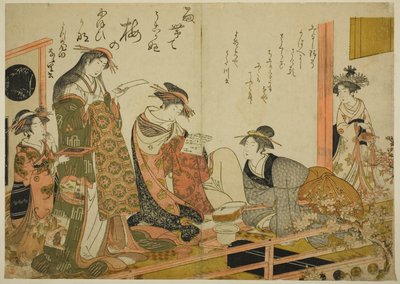 Las cortesanas Utagawa y Nanasato del Yotsumeya, del álbum "Comparando nuevas bellezas del Yoshiwara - Un espejo de sus propios escritos (Keisei shin bijin awase jikihitsu kagami)" de Kitao Masanobu