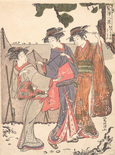 Tres mujeres de pie en la orilla del mar de Kitao Masanobu